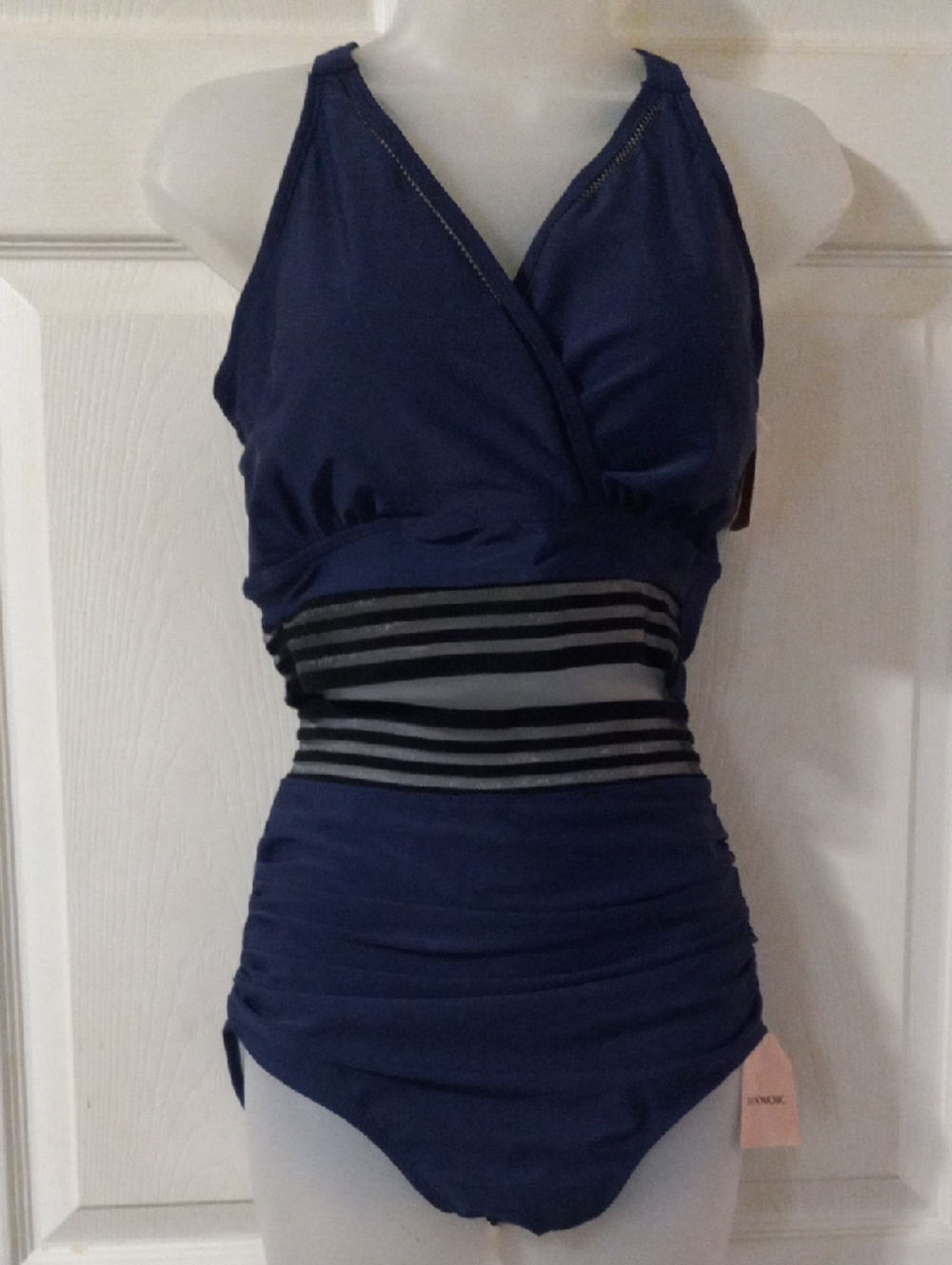 Bloomchic Navy 2 In 1 Piece Swimsuit with Sheer Striped Waistband Sz.10